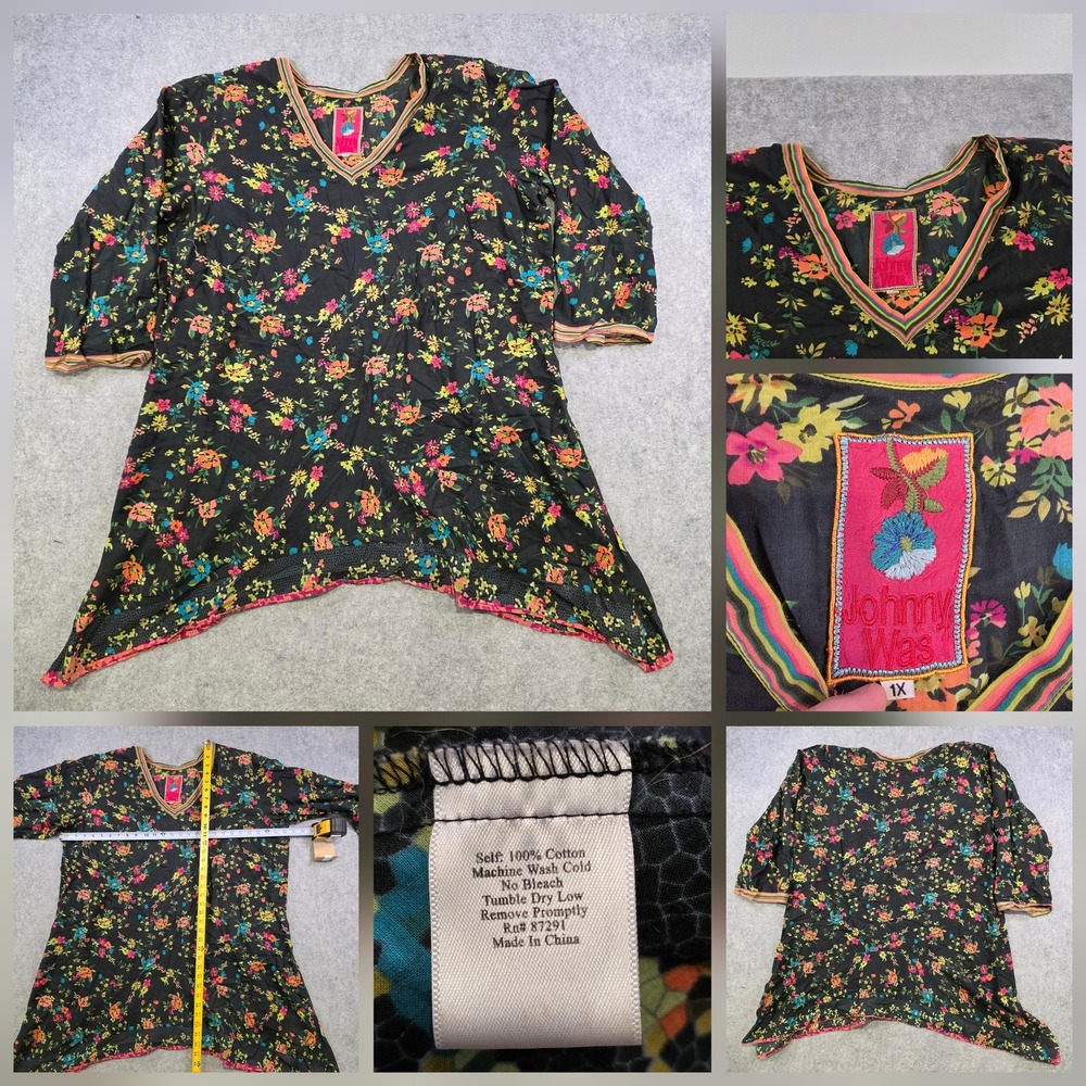 Johnny Was Blouse Womens 1X Black Floral V Neck 3/4 Sleeve Boho Tunic Top